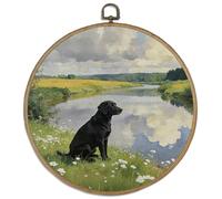 DELORIGIN Black Labrador Wall Art Decor 10" Round Framed Canvas Wall Art Prints with Metal Hooks Countryside Landscape Artwork Framed Pictures for Hallway Stairs Living Room Cottagecore Decor