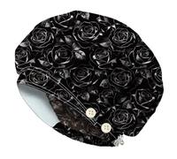 DELORIGIN Black Rose Bouffant Scrub Cap Adjustable Working Caps Realistic Cotton Nursing Surgeon Hats With Button and Sweatband Breathable Unisex Elastic Theatre Hats for Women Men One Size Fit All