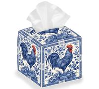 DELORIGIN Blue and white porcelain rooster Tissue Storage Box, Chinese Square Foldable Tissue Box Holder Waterproof Leather Paper Towel Case Cover Container Organizer for Bedroom Office Car 13*13*13cm
