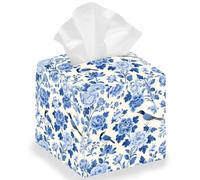 DELORIGIN Blue Flowers and Birds Tissue Storage Box, Square Foldable Tissue Box Holder Waterproof Leather Paper Towel Case Cover Container Organizer for Bedroom Office Car, 13 * 13 * 13cm