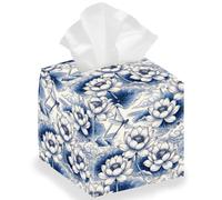 DELORIGIN Chinese Tissue Storage Box, Blue and White Porcelain Lotus Square Foldable Tissue Box Holder Waterproof Leather Paper Towel Case Cover Container Organizer for Bedroom Office Car, 13*13*13cm