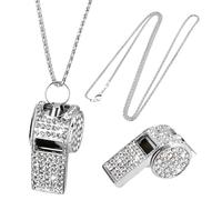 DELORIGIN Coaches Whistle with Lanyard Silver Whistle Necklace Metal Bling Clear Rhinestone Whistle Chain Shining Crystal Whistle with Lanyard for Women Teacher Coacheses Referees Training Accessories