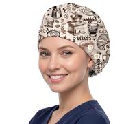 DELORIGIN Coffee Elements Bouffant Scrub Caps Cotton Nurse Theatre Hat With Button and Sweatband Adjustable Surgical Caps for Women Men Working Cooking Housework Head Cover One Size Fits All
