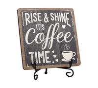 DELORIGIN Coffee Signs for Coffee Station Farmhouse Coffee Bar Decor Plaque | Coffee Signboard with Iron Display Stand, "Rise & Shine It’s Coffee Time" Wooden Plaque, Tabletop Coffee Bar Decor for Home