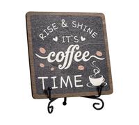 DELORIGIN Coffee Signs for Coffee Station Farmhouse Coffee Bar Decor Plaque | Coffee Signboard with Iron Display Stand, "Rise & Shine It’s Coffee Time" Wooden Plaque, Tabletop Coffee Bar Decor for Home