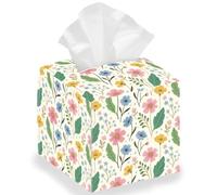 DELORIGIN Cosmos Flowers Tissue Box Holder Leather Square Floral Facial Paper Decorative Tissue Box Cover Foldable Paper Towel Case Container Organizer for Tabletop Bathroom Home Car Office