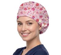 DELORIGIN Cute Graffiti Flowers Bouffant Scrub Caps Pink Elastic Theatre Hat Cotton Scrub Nursing Doctor Surgeon Cap With Button Breathable Unisex Adjustable Bandage Hats for Nurse Cooking Housework