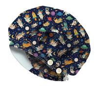 DELORIGIN Cute Space Cat Bouffant Scrub Cap Adjustable Theatre Hats Planet Universe Cotton Nursing Surgeon Hats With Button Sweatband Breathable Unisex Bandage Hats for Women Men One Size Fit All
