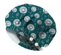 DELORIGIN Dandelion Bouffant Scrub Cap Adjustable Working Caps Bluish-green Cotton Nursing Surgeon Hats With Button Sweatband Breathable Unisex Elastic Theatre Hats for Women Men One Size Fit All