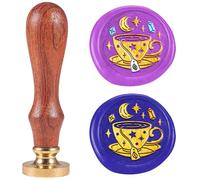 DELORIGIN Dreamy Teacup Wax Seal Stamp Embossed Stamp Sealing Removable 1" Magic Brass Wax Seal Stamp Head with Wooden Handle Moon Sealing Wax for Wedding Invitations Envelopes Gift Packing