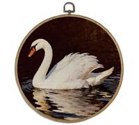 DELORIGIN Elegant Swan Framed Wall Art Decor 10" Vintage Round Canvas Wall Art with Vintage Hooks Realistic Water Reflection Hanging Artwork Prints for Living Room Hallway Stairs Porch Decoration
