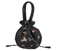 DELORIGIN Ethnic Style Flower Handbag Black Embroidered Drawstring Bags Jewellery Gift Bags for Women Makeup Bags Organiser for Cosmetic Utensils Storage Bag Travel Party Cosmetic Bag Purse