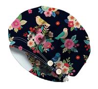 DELORIGIN Floral Birds Bouffant Scrub Caps Cotton Nurse Caps with 4 Buttons and Sweatband Adjustable Surgical Hats for Women Men Working Housewives Chef Beauty Salon One Size Fits All