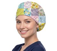 DELORIGIN Floral-Gingham Vintage Floral Bouffant Scrub Caps Cotton Nurse Theatre Hat With Button and Sweatband Adjustable Surgical Caps Working Caps for Women Men Nursing Cooking Housework Head Cover