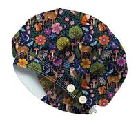 DELORIGIN Forest Animals Bouffant Scrub Caps Mushrooms Owls Cotton Nurse Scrub Hats With Button and Sweatband Adjustable Surgical Caps for Women Men Cooking Housework Head Cover One Size Fits All