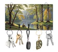 DELORIGIN Forest Fishing Key Holder Key Hooks Wall Mounted Wooden Key Racks with 5 Hooks Key Storage Organizer House Key Hanger for Wall Decor Door Entryway Hallway Kitchen New Home Gift