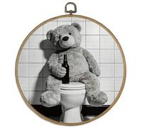 DELORIGIN Funny Bear on Toilet with Beer Framed Wall Art Decor 10" Vintage Round Canvas Wall Art with Vintage Hooks Hanging Artwork Prints for Living Room Bathroom Hallway Stairs Porch Decoration