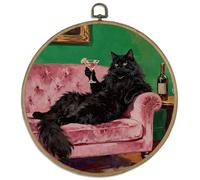 DELORIGIN Funny Black Cat Framed Wall Art Decor 10" Vintage Round Canvas Wall Art with Vintage Hooks Cocktail Hanging Artwork Prints for Living Room Hallway Stairs Porch Decoration