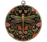 DELORIGIN Golden Dragonfly Framed Wall Art Decor 10" Vintage Floral Round Canvas Wall Art with Retro Hooks Hanging Artwork Prints for Living Room Hallway Stairs Porch Decoration