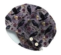 DELORIGIN Gothic Crow Bouffant Scrub Caps Elastic Working Caps Cotton Scrub Nursing Doctor Surgeon Cap With 4 Button and Sweatband Breathable Unisex Adjustable Theatre Hats for Nurse Cooking Housework