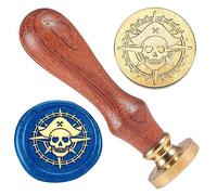 DELORIGIN Halloween Pirate Skull Wax Sealing Stamp Vintage Compass Wax Stamp 1" Brass Halloween Wax Stamp Kit with Wooden Handle for Party Invitations Wine Packages Gift Wrapping Cards Decoration