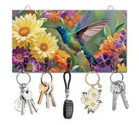 DELORIGIN Hummingbird and Flowers Key Holder Key Hooks Wall Mounted Wooden Key Racks with 5 Hooks Key Storage Organizer House Key Hanger for Wall Decor Door Entryway Hallway Kitchen New Home Gift