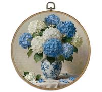 DELORIGIN Hydrangea Round Framed Wall Art Decor 10" Retro Wall Hanging Canvas Prints Art Canvas Circle Frame Artwork Print for Walls Farmhouse Sculptures Bedroom Living Room Porch