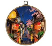 DELORIGIN Japanese Street izakaya Wall Art Decor 10" Round Framed Canvas Wall Art Prints with Metal Hooks Home Artwork Hanging Framed Pictures for Hallway Stairs Bedroom Living Room Vintage Decor