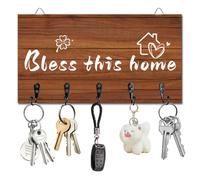DELORIGIN Key Holder Key Hooks Organizer Hanger Rack Bless This Home Wall Mounted Wooden Key Rack with 5 Key Hooks for Home Entryway Front Door Kitchen Hallway Bedroom Wall Decorative Key Storage