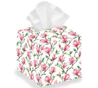 DELORIGIN Magnolia Tissue Box Holder Leather Square Foldable Facial Paper Decorative Flower Tissue Box Cover Paper Towel Case Container Organizer for Tabletop Bathroom Home Car Office