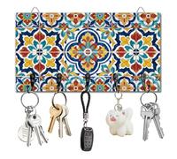 DELORIGIN Mediterranean Tile Key Holder Key Hooks Organizer Hanger Rack Wall Mounted Wooden Key Rack with 5 Key Hooks for Home Entryway Front Door Kitchen Hallway Bedroom Wall Decorative Key Storage