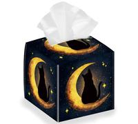 DELORIGIN Moon Cat Square Tissue Box Cover, Foldable Tissue Storage Box, Waterproof Paper Towel Case, Organizer, Black, PU Leather