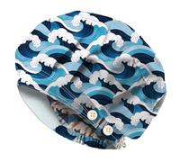 DELORIGIN Ocean Waves Bouffant Scrub Caps Cotton Nurse Scrub Hats With Button and Sweatband Adjustable Surgical Caps for Women Men Nursing Cooking Working Housework Head Cover One Size Fits All