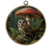 DELORIGIN Owl and Mushrooms Wall Art Decor Whimsical Forests 10" Round Wood Framed Canvas Wall Art Prints with Metal Hooks Home Artwork Hanging Picture for Bedroom Living Room Hallway Stairs Decor
