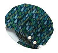 DELORIGIN Pine Forest Bouffant Scrub Cap Adjustable Working Caps Blue-green Cotton Nursing Surgeon Hats With Button Sweatband Breathable Unisex Elastic Theatre Hats for Women Men One Size Fit All