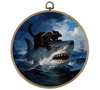DELORIGIN Pirate Black Cat Framed Wall Art Decor 10" White Shark Round Canvas Wall Art with Vintage Hooks Hanging Artwork Prints for Living Room Bathroom Hallway Stairs Porch Decoration