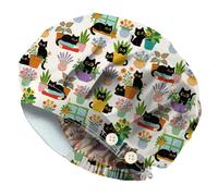 DELORIGIN Potted Plants Bouffant Scrub Caps Black Cat Elastic Working Caps Cotton Scrub Nursing Doctor Surgeon Cap With Button Breathable Unisex Adjustable Theatre Hats for Nurse Cooking Housework