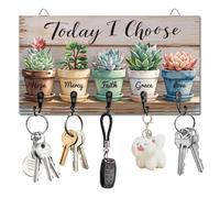 DELORIGIN Potted Succulents Plants Key Holder Key Hooks Wall Mounted Wooden Key Racks with 5 Hooks Key Storage Organizer House Key Hanger for Wall Decor Door Entryway Hallway Kitchen New Home Gift