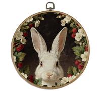 DELORIGIN Rabbit Framed Wall Art Decor 10" Berry Wreath Round Canvas Wall Art with Vintage Hooks Vintage Floral Hanging Artwork Prints for Living Room Hallway Stairs Porch Decoration