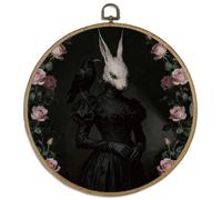 DELORIGIN Rabbit Headed Lady Framed Wall Art Decor 10" Gothic Crow Roses Round Canvas Wall Art with Vintage Hooks Dark Romance Hanging Artwork Prints for Living Room Hallway Stairs Porch Decoration