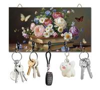 DELORIGIN Retro Books and Flowers Key Holder Key Hooks Wall Mounted Wooden Key Racks with 5 Hooks Key Storage Organizer House Key Hanger for Wall Decor Door Entryway Hallway Kitchen New Home Gift