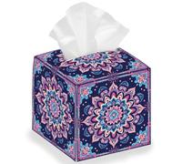 DELORIGIN Retro Mandala Lotus Tissue Storage Box, Square Foldable Tissue Box Holder Waterproof Leather Paper Towel Case Cover Container Organizer for Bedroom Office Car, 13 * 13 * 13cm