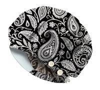 DELORIGIN Retro Paisley Bouffant Scrub Caps Cotton Nurse Scrub Hats With Button and Sweatband Adjustable Surgical Working Caps for Nursing Cooking Housework Head Cover One Size Fits All