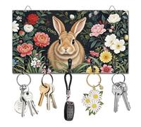 DELORIGIN Retro Rabbit and Flowers Key Holder Key Hooks Wall Mounted Wooden Key Racks with 5 Hooks Key Storage Organizer House Key Hanger for Wall Decor Door Entryway Hallway Kitchen New Home Gift