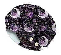 DELORIGIN Rose Moon Bouffant Scrub Caps Purple Floral Star Elastic Nursing Doctor Surgeon Working Caps With 4 Button and Sweatband Cotton Breathable Unisex Surgical Hats for Nurse Cooking Housework