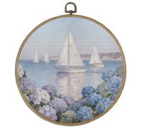 DELORIGIN Sailboat Framed Wall Art Decor 10" Hydrangea Round Canvas Wall Art with Vintage Hooks Oil Painting Floral Hanging Artwork Prints for Living Room Hallway Stairs Porch Decoration