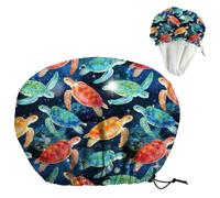 DELORIGIN Sea Turtle Reusable Shower Cap Ocean Double Layer Waterproof Shower Caps Large Elastic Hair Cover Adjustable Hair - Drying Caps for Woman Man Bath SPA Travel One Size Fits Most