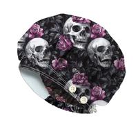 DELORIGIN Skull Rose Bouffant Scrub Caps with 4 Buttons Cotton Adjustable Nurse Scrub Hats with Sweatband Working Surgical Caps for Women Men Nursing Make Up Cooking Head Cover One Size Fits All