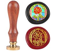 DELORIGIN Stained Glass Roses Wax Seal Stamp Flower Embossed Stamp Sealing Removable 1" Brass Wax Seal Stamp Head with Wooden Handle Sealing Wax for Wedding Invitations Valentine's Day Greeting Card
