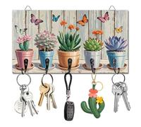 DELORIGIN Succulent Plants Key Holder Key Hooks Wall Mounted Wooden Key Racks with 5 Hooks Key Storage Organizer House Key Hanger for Wall Decor Door Entryway Hallway Kitchen New Home Gift